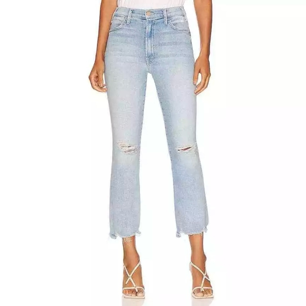 MOTHER Denim The Hustler Ankle Chew Distressed Flare Jeans in Petal Plucker Sz26